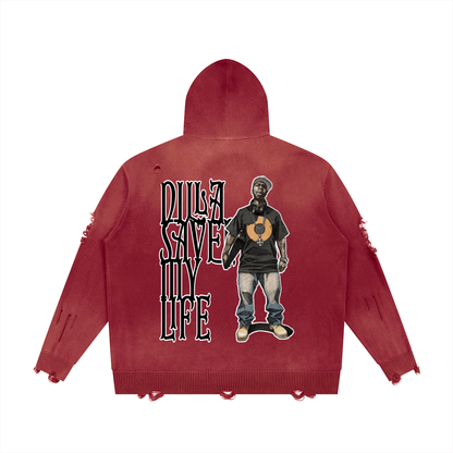 "Dilla Saved My Life" Distressed Full Zip Sweater