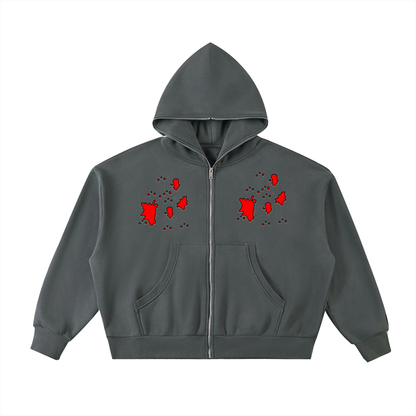 "Blood Rain" Fleeced Full-Zip Boxy Hoodie