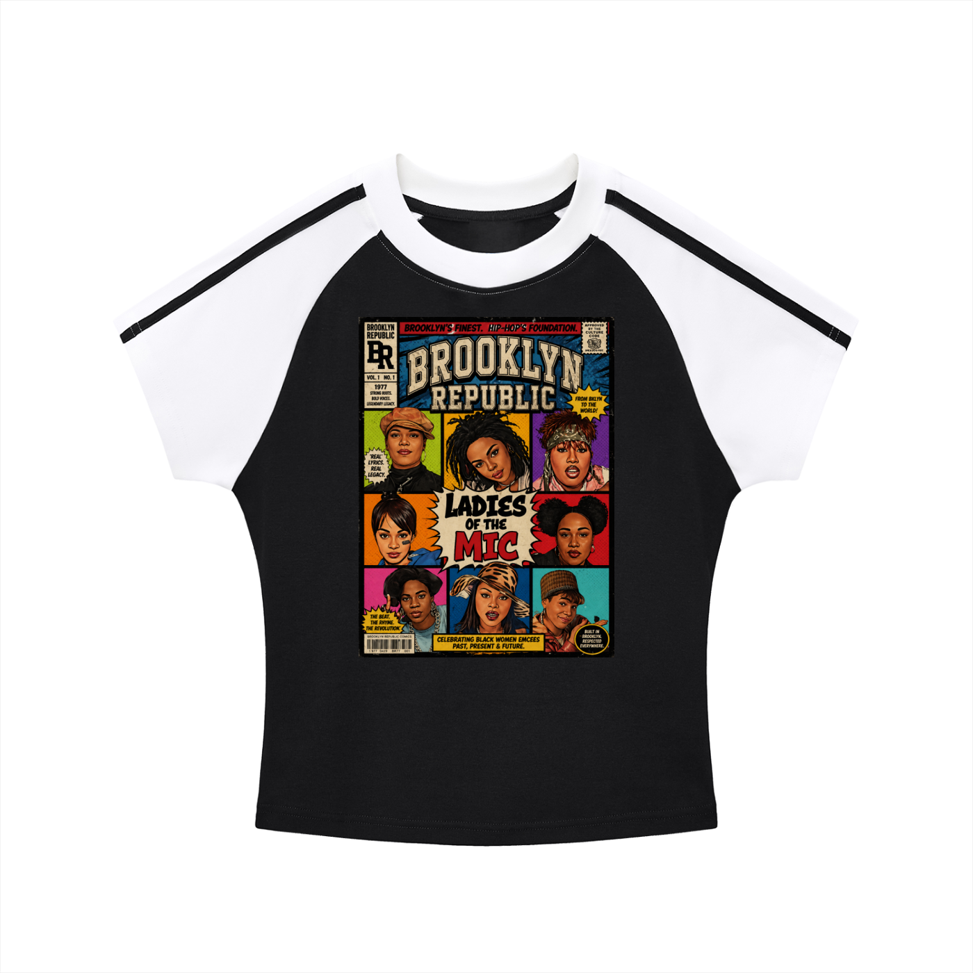 "Ladies First Comic Vol.1" Contrast Stripes Bodycon Raglan T-Shirt