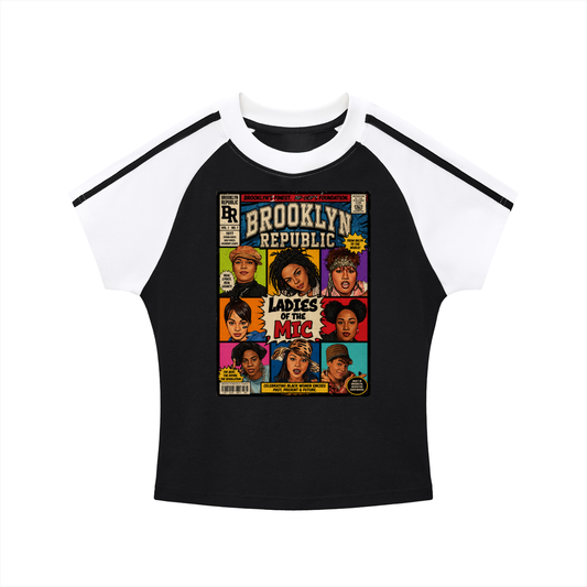 "Ladies First Comic Vol.1" Contrast Stripes Bodycon Raglan T-Shirt