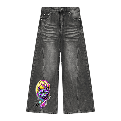 Brooklyn Zoo™ "Bad Kitty" Women’s Vintage Wash Wide Leg Denim Jeans