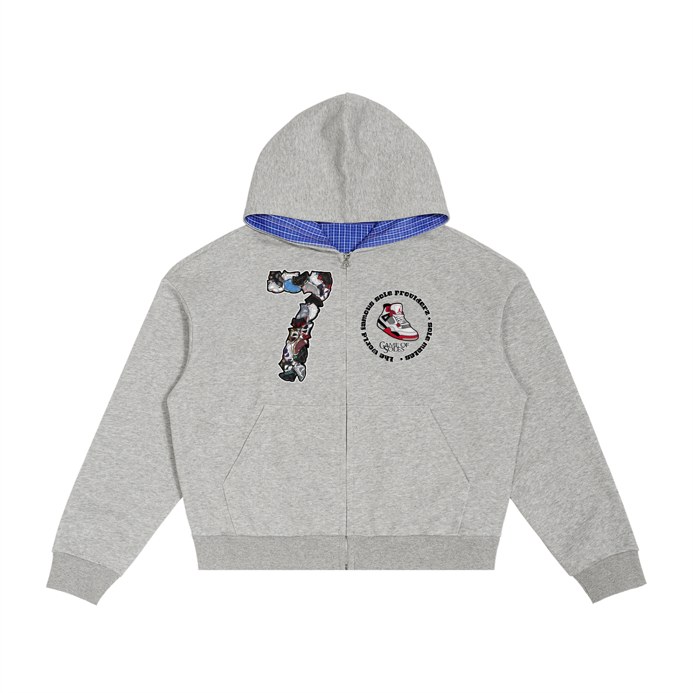 "AJ 7" Contrast Plaid Boxy Zip Hoodie