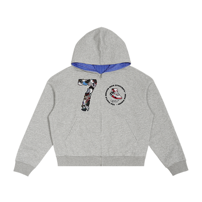"AJ 7" Contrast Plaid Boxy Zip Hoodie