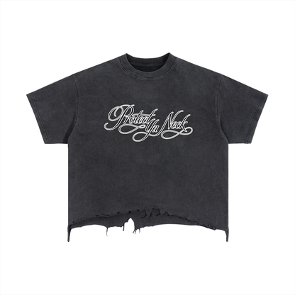 PYN™ x BKRP™ "PYN Official" Vintage Wash Boxy Distressed Hem T-Shirt