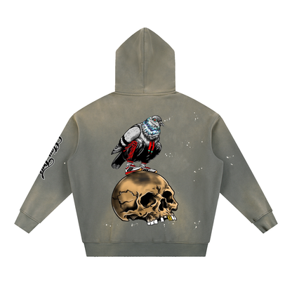 Brooklyn Zoo™ "Filthy Pigeon" Vintage Washed Frayed Fleece Hoodie