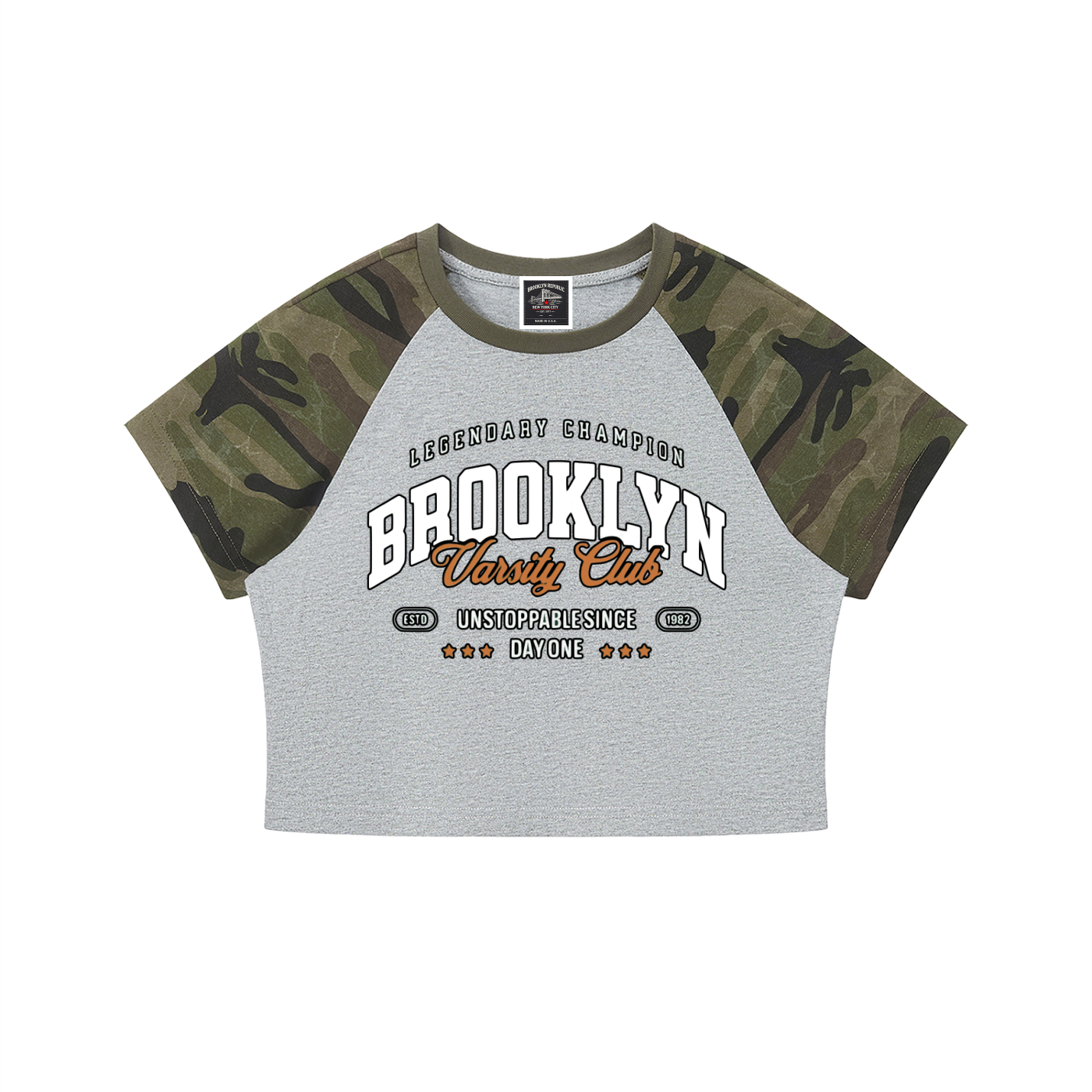 "Varsity Club" Women’s Camo Crop T-Shirt