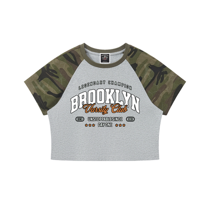 "Varsity Club" Women’s Camo Crop T-Shirt