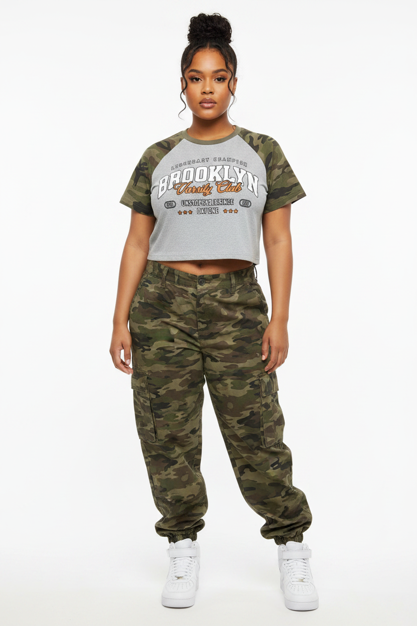 "Varsity Club" Women’s Camo Crop T-Shirt