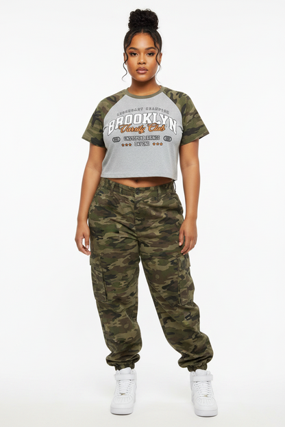 "Varsity Club" Women’s Camo Crop T-Shirt