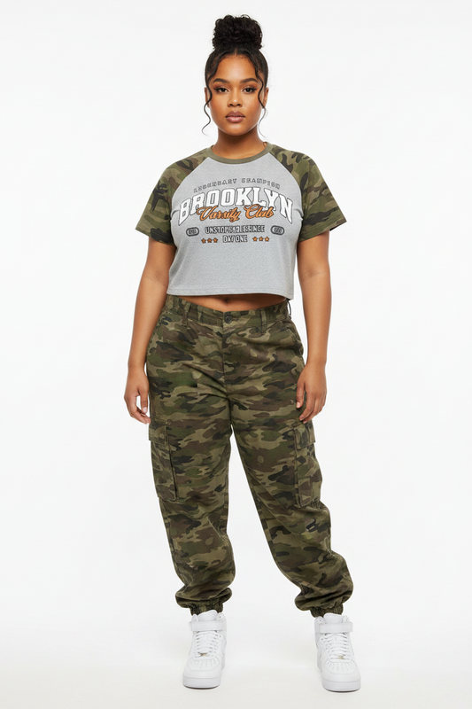 "Varsity Club" Women’s Camo Crop T-Shirt