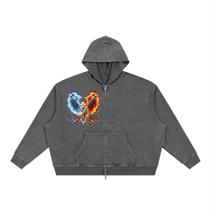 PYN™ "The Final Chamber" Vintage Wash Boxy Waffle Full Zip Hoodie