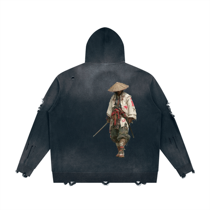 "Bushidokan" Distressed Full Zip Sweater