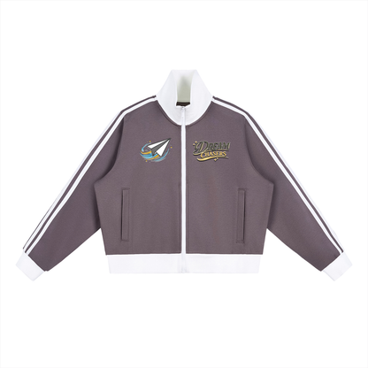 "DREAM CHASERS" Contrast Side Stripe Fleece Cropped Track Jacket