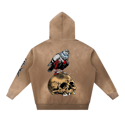 Brooklyn Zoo™ "Filthy Pigeon" Vintage Washed Frayed Fleece Hoodie