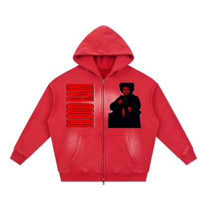 "Blood Rain" Sunfade Two-way Zipper Boxy Fleece Hoodie